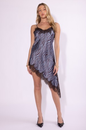 BDD523C<br/>LACE TRIM DETAILED ZEBRA PRINT ASYMMETRIC HEM MIDI DRESS