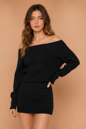 BHND1269CQ<br/>ASYMMETRIC SHOULDER SWEATER MINI DRESS