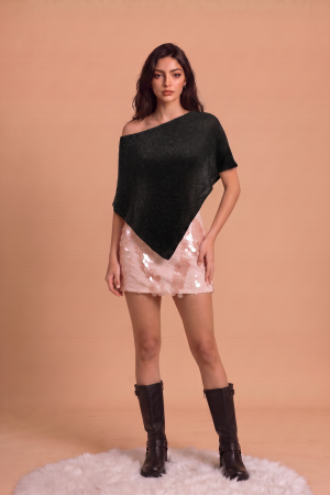 BHT1529C<br/>SEQUIN MIXED KNIT ASYMMETRIC SWEATER PONCHO